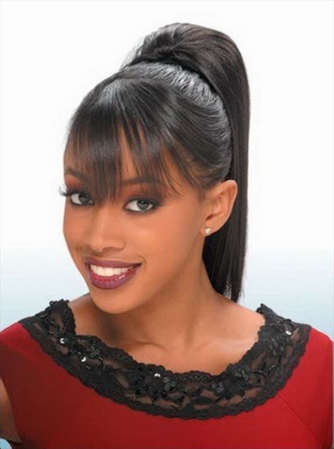 black hairstyles with bangs and ponytail|high ponytail black girl.